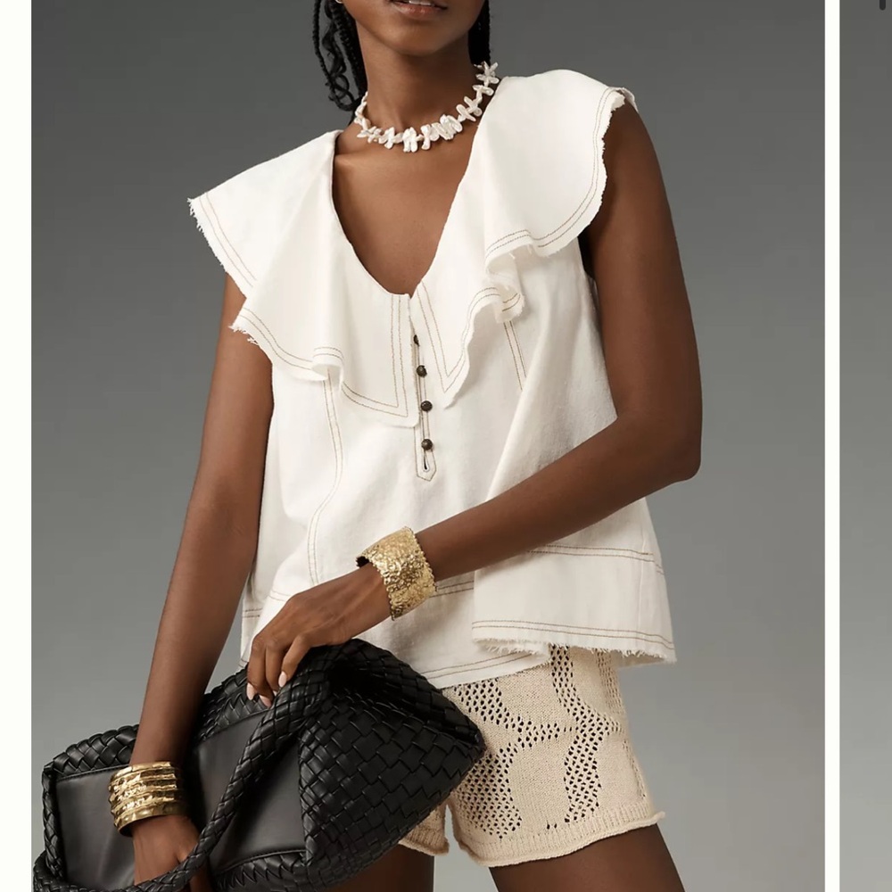 Pilcro Ruffle-Neck Linen Swing Blouse
